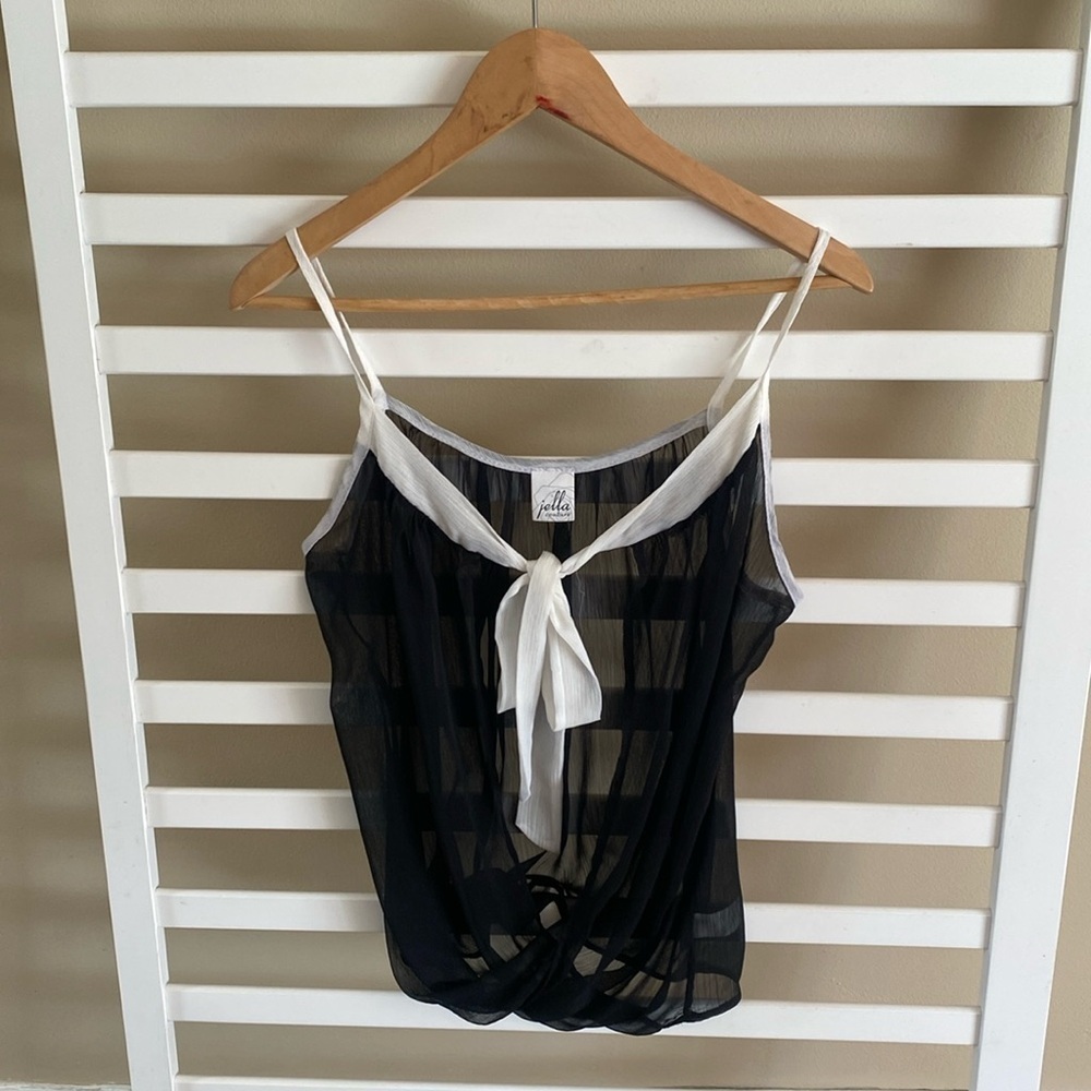 Jella Couture Black And White Sheer Front Bow Tie Top Size M